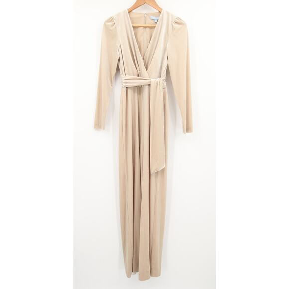 Antonio Melani Jumpsuit Champagne Beige Velvet Long Sleeve V Neck Wrap Tie 0 - Picture 2 of 12